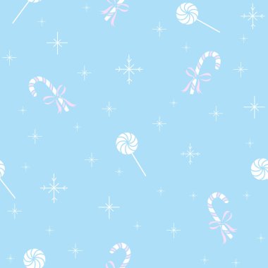 Lolipoplar ve baston şekerlerin açık mavi arka planda yer aldığı tatlı ve şenlikli bir desen.