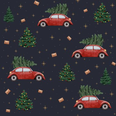 Bright red cars transport Christmas trees among floating envelopes and stars in a festive winter pattern clipart