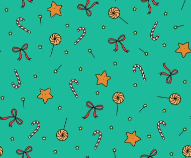 Şekerler, yıldızlar ve canlı bir turkuaz arka planda yaylarla renkli şenlik desenleri.