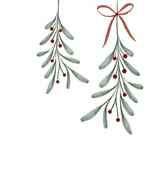 Ökseotu dallarında zarif yeşil yapraklar ve canlı kırmızı böğürtlenler asılı, şenlikli bir kurdeleyle bağlanmış, kışın tatil süslemeleri için mükemmel..