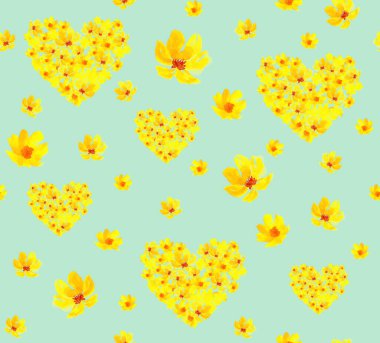 Yumuşak nane arkaplanındaki parlak sarı çiçek deseni tasarım projeleri için neşeli ve canlı bir atmosfer yaratıyor.