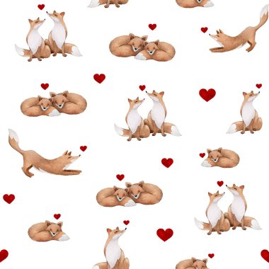 Cute foxes in various playful poses decorated with hearts on a white background clipart