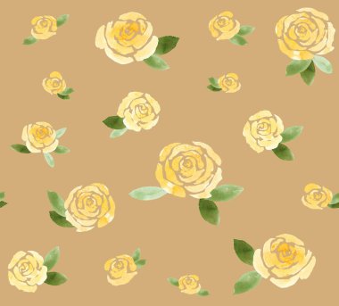 Çiçek deseninde sarı güller var. Esmer arka planda. Tekstil ve tasarım projeleri için mükemmel.