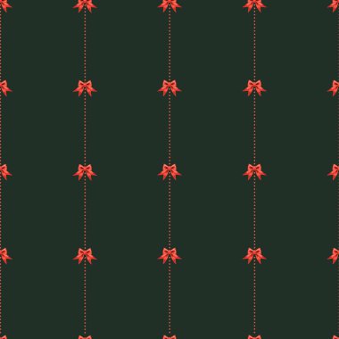 Koyu yeşil arka planda kırmızı fiyonklu bayram temalı kumaş