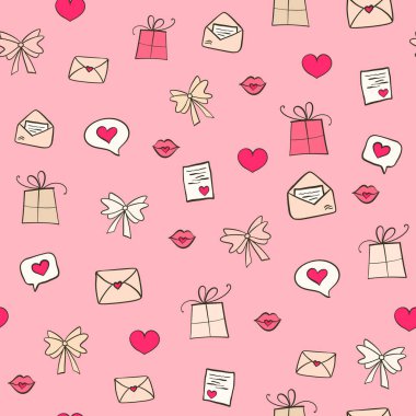 Colorful pattern of love-themed designs featuring gifts, hearts, and letters on a soft pink background clipart