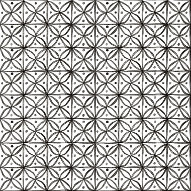 Birbirine kenetlenmiş şekil ve çizgilerin beyaz zemin üzerinde monokromatik bir tasarımı olan eşsiz geometrik desen