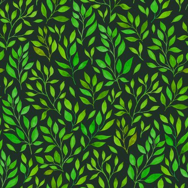 Vibrant green foliage pattern on a dark background showcasing various leaf shapes and textures clipart