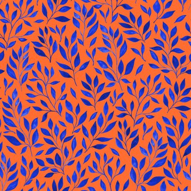 Mavi yapraklı canlı turuncu arkaplan göz alıcı bir doğa tasarımı yaratıyor.