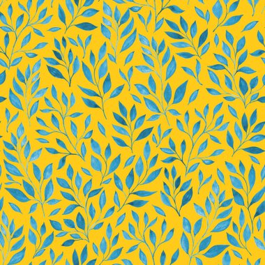 Canlı sarı arkaplan dekoratif amaçlar için mavi yapraklı desenlerle süslenmiş.