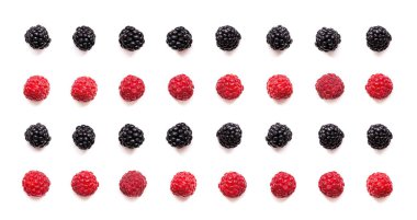 Beyaz arka planda gösterilen böğürtlen ve ahududu düzenlemeleri renklerini ve dokularını renklendiriyor