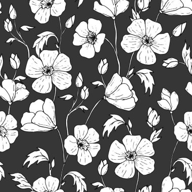 Doğadan esinlenilmiş modern bir tasarımın koyu bir arka planında beyaz çiçekleri barındıran çiçek desenleri.