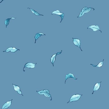 Açık mavi arkaplana saçılmış yumuşak mavi yapraklar sükunet hissi uyandıran sakin ve sakinleştirici bir şablon oluşturur.