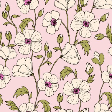 Yumuşak pembe çiçekli narin desenli yeşil yapraklı el yapımı beyaz çiçekler.