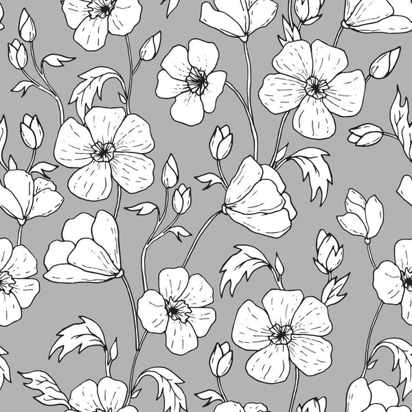 Цветочный узор с цветами ручной работы на сером фоне для стильного применения в текстильной и обои