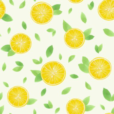 Canlı limon dilimleri ve yeşil yapraklar taze ve canlı bir dekor için hafif bir arka planda neşeli bir desen oluşturur.