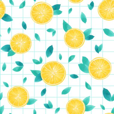 Parlak limon dilimleri ve yeşil yapraklar, oyuncu tasarım için yeni bir arkaplan süslüyor.