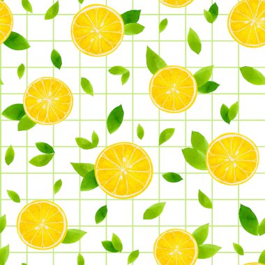 Şebeke arka planında parlak limon ve yaprak deseni ev dekorasyonu veya moda tekstili için idealdir