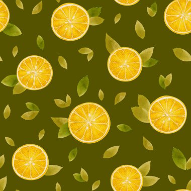 Limon ve portakallı parlak turunçgil desenleri ve canlı dekor ve tasarım için yeşil bir arkaplan üzerinde yapraklar