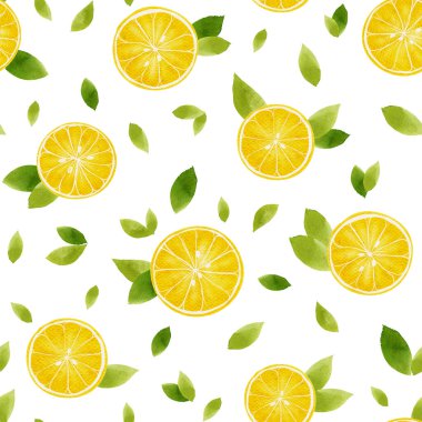 Yeşil yapraklı parlak sarı limon dilimleri yeni dekorasyon için beyaz arka planda düzenlenmiş.