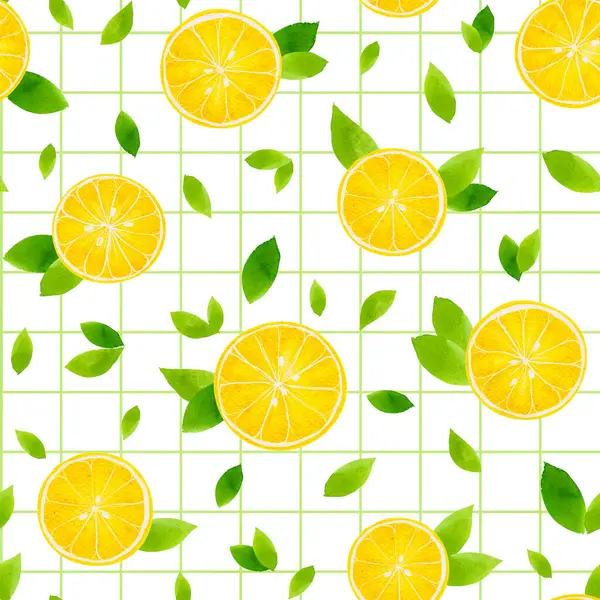 Şebeke arka planında parlak limon ve yaprak deseni ev dekorasyonu veya moda tekstili için idealdir