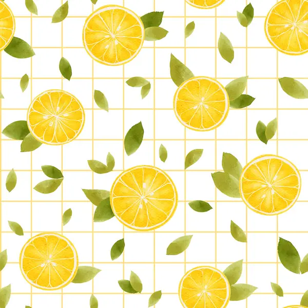 Yeşil yapraklı canlı limon deseni ve şebeke tasarımı taze ve canlı bir atmosfer yaratıyor.