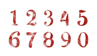 Elle boyanmış rakamların sıcak kırmızı bir tonda sanatsal gösterimi, benzersiz bir hat stili sergiliyor.