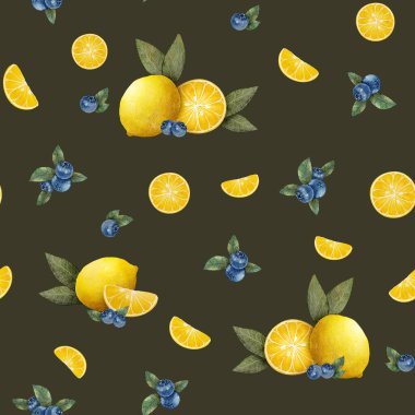 Parlak sarı limonlar ve yaban mersinleri sanatsal tasarım için koyu bir arka planda canlı bir desen oluşturuldu.