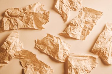 Buruşuk kahverengi kağıt parçaları, düzensiz şekillerini ve dokularını sergileyerek, sanatsal ve minimalist bir estetik yaratarak, rastgele bir ışık yüzeyinde uzanıyorlar..