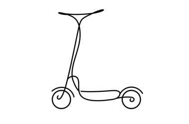 Scooter 'ın minimalist bir taslağı düzgün kıvrımlı, fonksiyonel şeklini vurgulayan zarif bir tasarımı gösterir. Siyah çizgiler beyaz arkaplanla zıtlaşır..