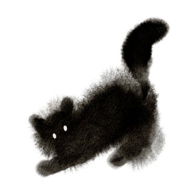 Parlak beyaz gözlü tüylü siyah bir kedi şakacı bir şekilde çömelmiş, saldırmaya hazır görünüyor. Neşeli duruşu heyecan ve merakı akla getiriyor..