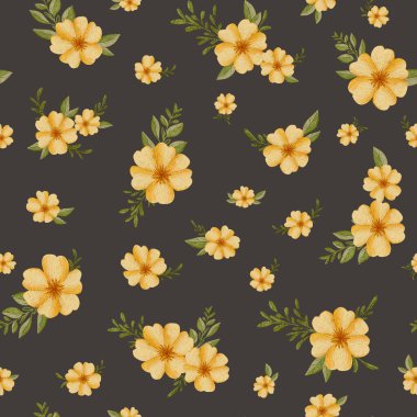 Parlak bir desen sarı çiçekler ve koyu arkaplana sabitlenmiş yeşil yapraklardan oluşur. Düzenleme çeşitli yaratıcı projeler için uygun canlı ve neşeli bir atmosfer yaratıyor..