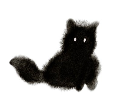 Büyük beyaz gözlü tüylü siyah bir kedi sakince oturuyor, minimalist bir stil sergiliyor ve basit bir kompozisyonda büyüleyici, oyuncu karakterini vurguluyor..