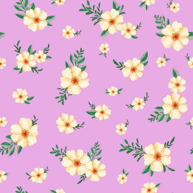 Bu canlı tasarım yeşil yapraklarla birbirine karışmış sarı çiçekleri sergiliyor, cesur mor arkaplana karşı canlı ve neşeli bir çiçek deseni oluşturuyor..