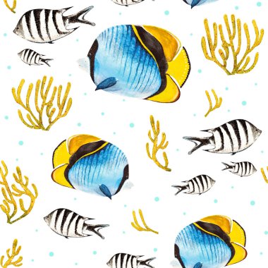 Bu sanat eseri dalgalı deniz yosunları arasında yüzen mavi ve sarı balıkları gösteren dinamik bir sualtı desenine sahiptir. Parlak renkler ve neşeli tasarım canlı bir okyanus atmosferi yaratır..