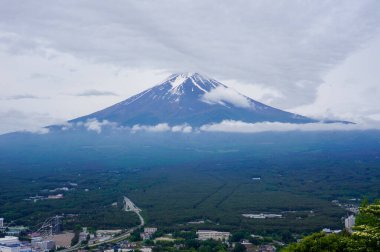 Fuji Dağı, karla kaplı ikonik zirvesiyle, bulutlardan çıkar, doğanın görkeminin nefes kesici bir manzarasını sunar, yeşil manzaraların sakin bir zeminine karşı kurulur..