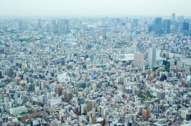 Genişleyen bir şehir manzarasının panoramik görüntüsü, gözün alabildiğince uzanan yoğun bir bina ve mimari şebekesi. Japonya 'daki Tokyo Skytree' den
