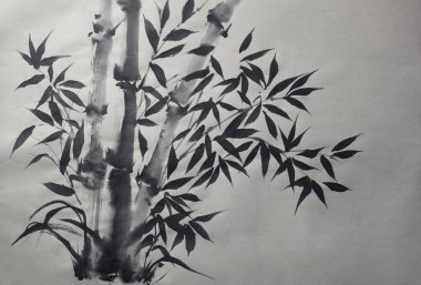Bambu sapları ve yaprakları içeren geleneksel bir mürekkep resmi, minimalist bir stil sergiliyor..