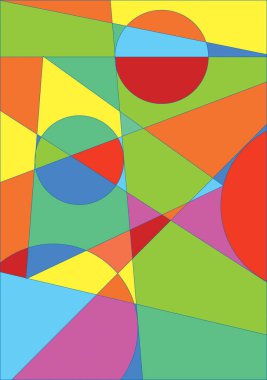 Değişik parlak renklerde geometrik şekiller içeren canlı bir soyut kompozisyon.