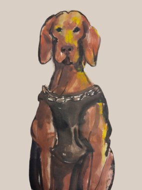 Şirin kahverengi bir dachshund K9 köpeğinin mürekkep resmi, kağıt doku arka planında izole bir şekilde duruyor.