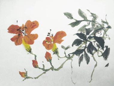 Portakal rengi Bignonia çiçekleri geleneksel Çin mürekkebiyle asgari fırça darbeleri ve dingin estetik ile temiz ve modern bir yorumla