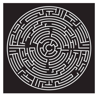 Siyah ve beyaz dairesel bulmaca başarıya giden dolambaçlı yolu bulmak için zorluklar