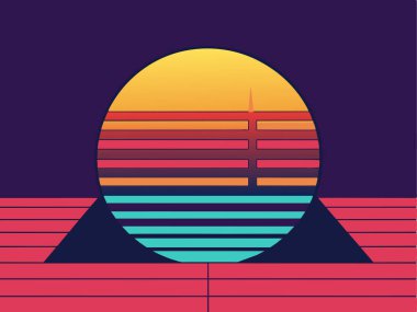 Yatay çizgiler ve geometrik şekillerle biçimlendirilmiş, turuncu, kırmızı ve mavi renkleri koyu arkaplana karşı kullanan dijital bir sanat eseri..