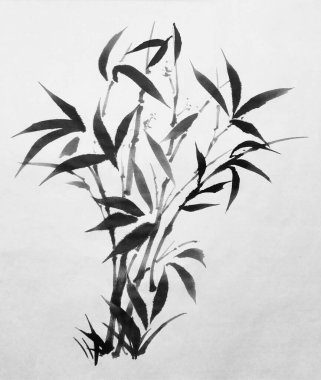 Bambu saplarının ve beyaz arka planda yaprakların minimalist mürekkep resmidir..