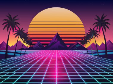 Şebeke ön planı, palmiye ağaçları, dağlar ve parlak bir gökyüzünde batan büyük bir güneş ile retro-gelecekçi bir manzara..