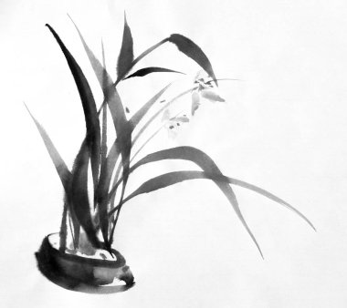 Mürekkep fırçasıyla çimenleri boyamak vazoda yaprakları boyamak, beyaz arkaplanda monokrom.