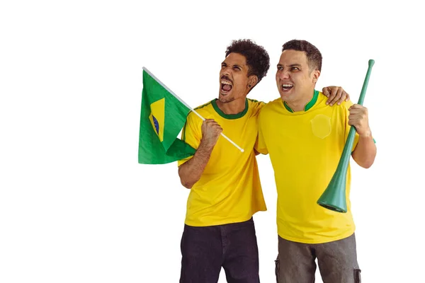 Frații Negri Cămașă Braziliană Galbenă Pavilion Aplauze Izolații Alb Fanii — Fotografie, imagine de stoc
