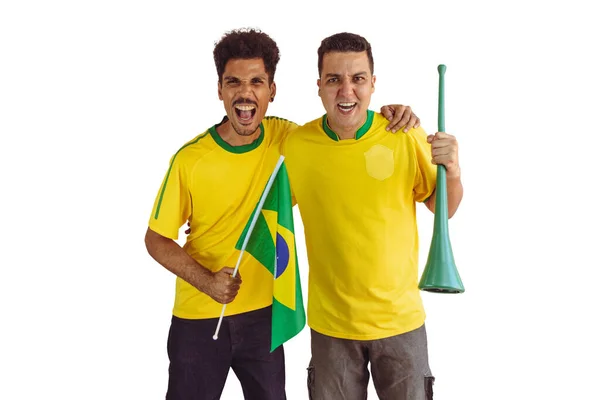 노란색 브라질 셔츠를 형제와 깃발로 사람들을 응원하는 브라질 챔피언이 응원하는 — 스톡 사진
