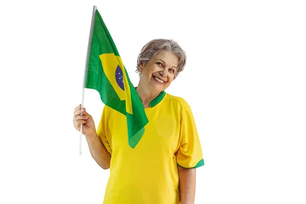 Ώριμη Γυναίκα Ομάδα Ποδοσφαίρου Κίτρινο Πουκάμισο Απομονώνονται Λευκό Φίλαθλος Σημαία — Φωτογραφία Αρχείου