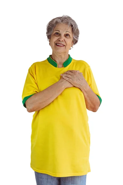 穿着橄榄球队黄色球衣的成熟女人被白色隔离了 举旗体育爱好者庆祝世界杯 — 图库照片