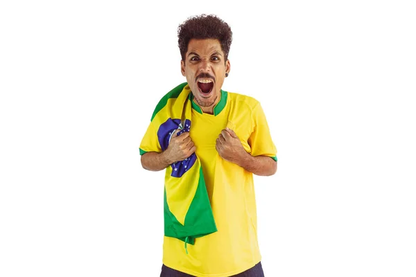Braziliaanse Black Man Fan Met Voetbal Team Shirt Geïsoleerd Wit — Stockfoto